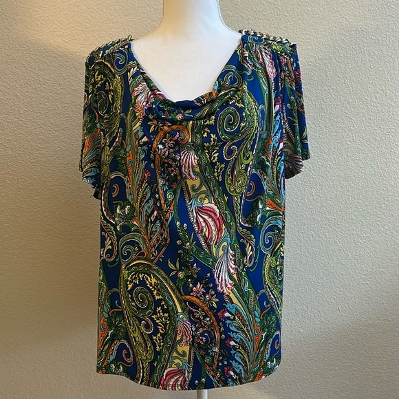 Elementz sz 1X Paisley Blue Orange Cowl Neck Short Sleeve Stretch Knit Top - Picture 1 of 6